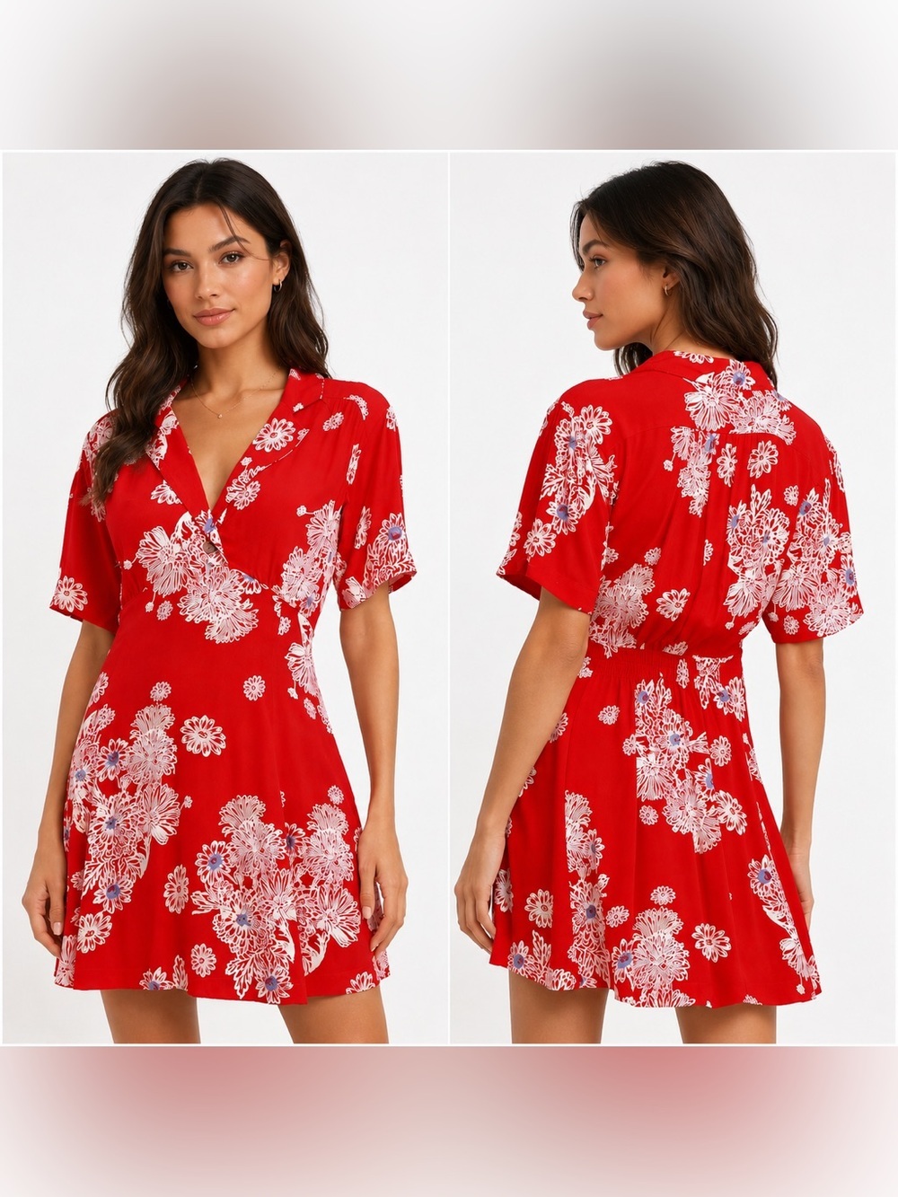 Free People Dress Womens 6 Red Floral Mini Hawaiian Boho